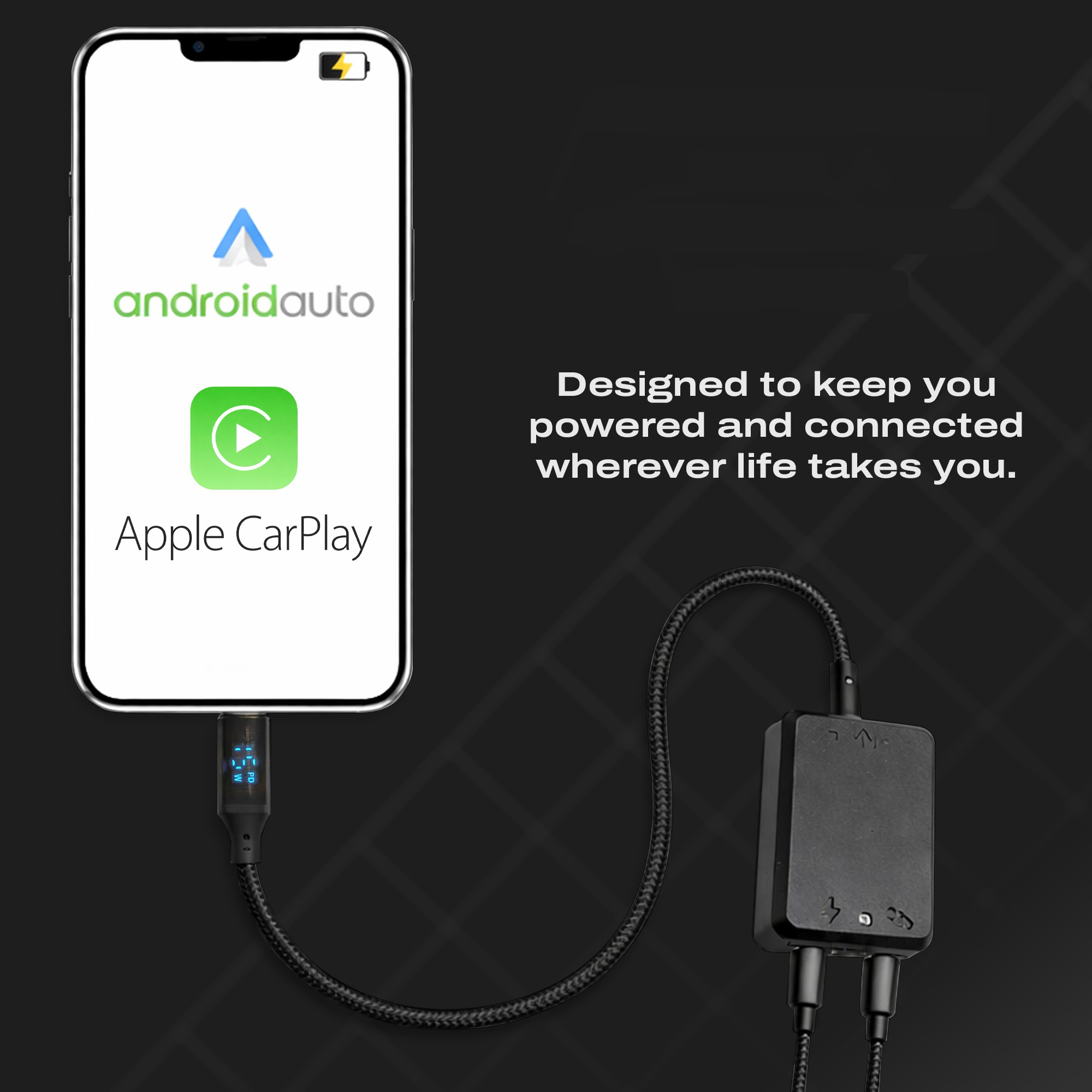 Exode USB Power/Data Injector connected to a phone in a car console